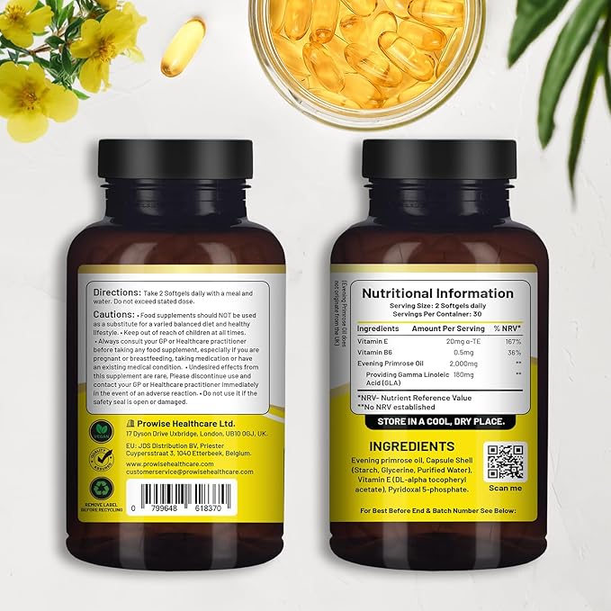 Vegan Evening Primrose Oil 2000mg with Vitamin E & B6 – 60 Vegan Softgels| Pure Cold Pressed I 180mg GLA per Capsule I Women's Health I Premium Quality I by Prowise Healthcare