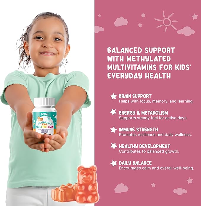 Methylated Multivitamin Gummies for Kids - Children’s MTHFR Support Supplement with B Complex 5-MTHF Folate (L-Methylfolate) B1 B3 B6 B12 Biotin Vitamins A C D3 E - Vegan Gluten-Free Sugar-Free