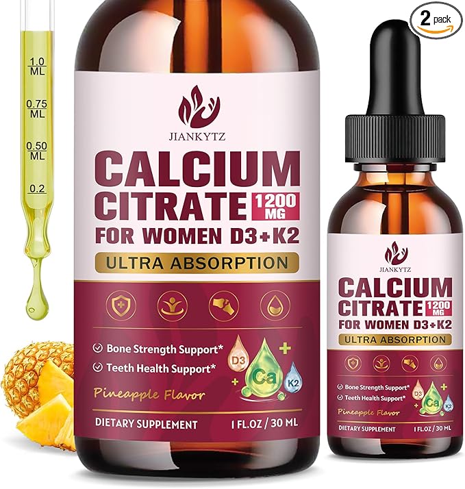 (2 Pack) Calcium Citrate with Vitamin D3 Liquid Drops for Women - Bones, Teeth, Immune Support, 1200mg Calcium Citrate Liquid Drops with Vitamin D3 K2, Vegan, Sugar-Free, 1 Fl Oz