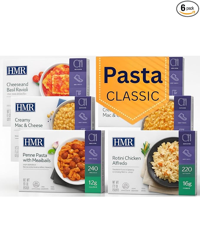 HMR Pasta Classics Entree Bundle 1 ea Penne Pasta w/Meatballs, 1 ea Rotini Chicken Alfredo, 2 ea Cheese & Basil Ravioli, and 2 ea Creamy Mac & Cheese, 7-8 oz, 6 Ready to Eat Meals