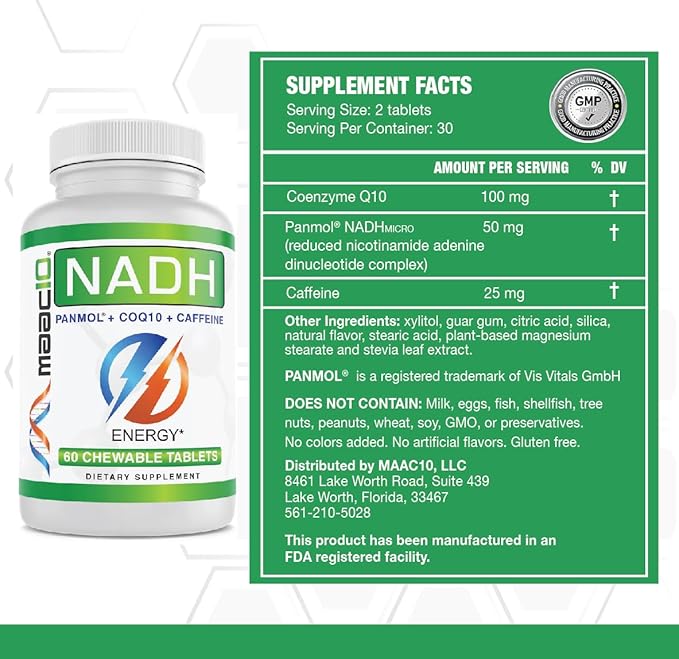 MAAC10 Energy Booster - with NADH, Caffeine & Coq10 Fast Acting Chewable Tablets - Great for Fatigue, Energy & Mental Focus.