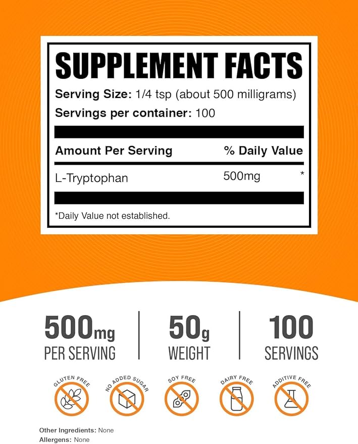 BulkSupplements.com L-Tryptophan Powder - Tryptophan Supplement, Amino Acid Supplement - Gluten Free, 500mg per Serving, 50g (1.8 oz) (Pack of 1)