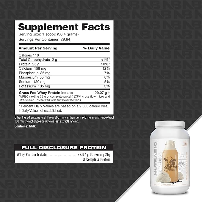 NutraBio Grass Fed Whey Isolate Protein Powder - 25G of Protein Per Scoop - Sugar Free Natural Lean Muscle Protein Supplement - Vanilla Bean- 2 Pounds, 29 Servings.