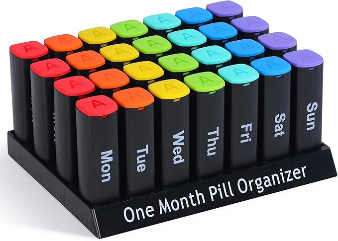 CAidRE Monthly Pill Organizer 2 Times a Day - 28 Day Pill Box AM PM, Daily Medicine Organizer for Vitamins, Supplements, Medications - Large Travel-Friendly 4 Week Pill Case for Home & Travel, Black