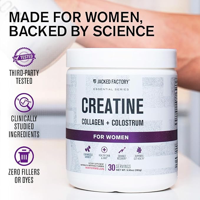 Jacked Factory Creatine for Women - Creatine Monohydrate with Collagen + Colostrum to Support Workout Performance, Lean Muscle Growth, Healthy Hair, Skin, & Nails - 30 Servings, Watermelon