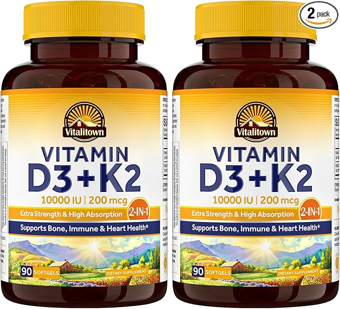 Vitalitown Vitamin D3 K2 Supplement, Vitamin D3 10000 IU Vitamin K2 (MK7) 200 mcg, 90 Softgels (Pack of 2), Non-GMO, No Gluten & Soy, for Bone, Teeth, Immune & Heart Health