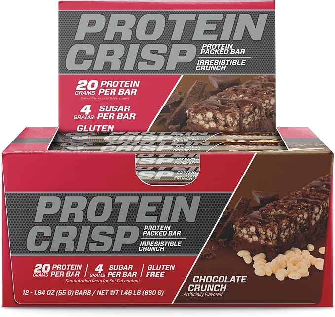 BSN Protein Crisp Bar, Chocolate Crunch, 20 Gram Protein Snack Bars with Whey and Fiber, Gluten-Free Crunchy Energy Bars for Workout, Fitness, On-the-Go, 12 Count