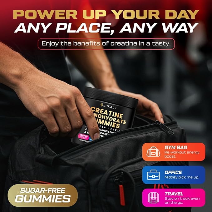 KUKALY Creatine Monohydrate Gummies for Men & Women, 9000MG Creatine Gummies Sugar Free with L-Taurine, BCAA 2:1, B12 B6 for Boost Strength, Focus & Endurance, Vegan, Non-GMO, Strawberry 120*2 Bottle