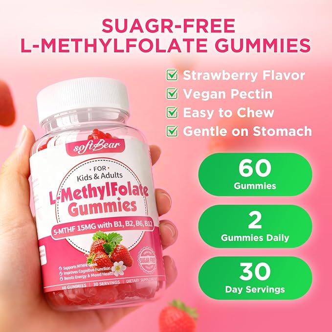 softbear L-Methylfolate Gummies 15mg for Kids & Adults, Organic Methylfolate Supplement 5-MTHF Plus Methyl B12, B1, B2, B6 Support MTHFR Gene, Cognition Function, Strawberry Flavor 120 Count