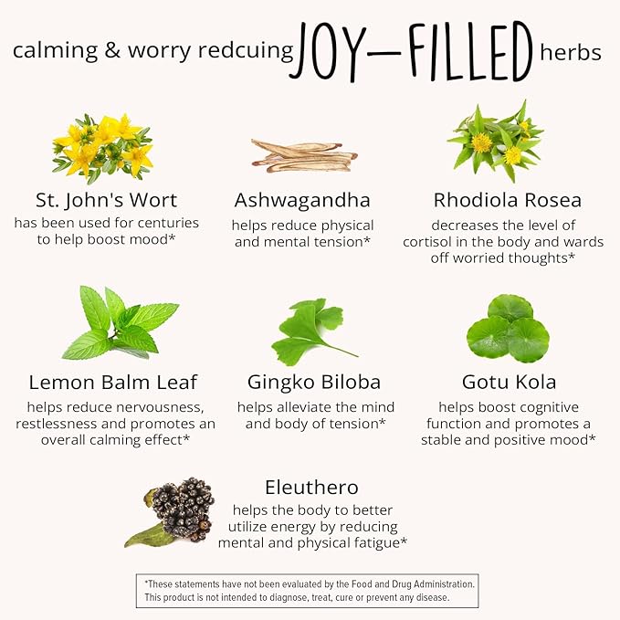 Joy-Filled Mood Support Supplement - 7 Herb Complex + St. Johns Wort | Stress Relief – Helps Calm The Mind & Body | 100% Plant-Based Happy Pills, Ashwagandha, Rhodiola Rosea | Adaptogens, 60 Ct