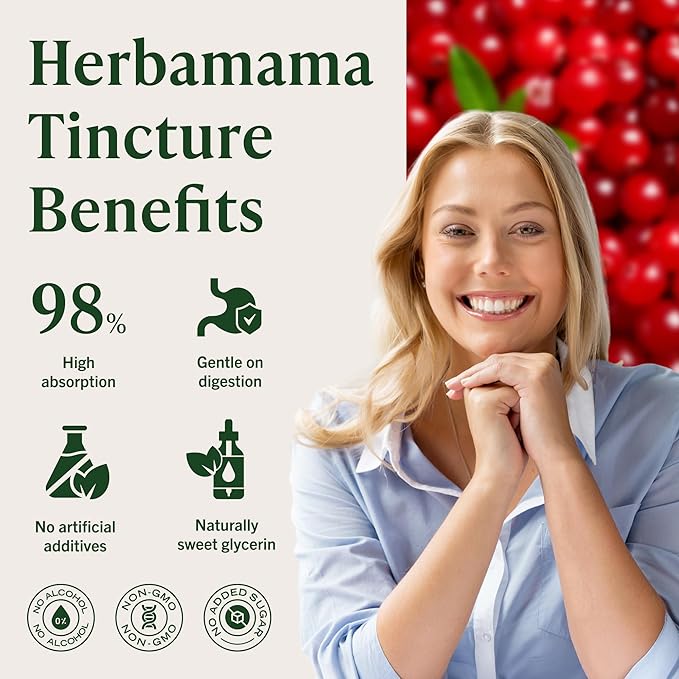 HERBAMAMA Cranberry Supplement Drops - Vegan Urinary Tract Support for Men and Women with Cranberry Extract - Non-GMO, Alcohol & Sugar-Free Kidney Support Supplement, 42-Day Supply