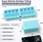 Foldable Weekly Pill Organizer 2 Times a Day with 2 Extra Compartments (Clear Printed Labels) - Portable 7 Day AM PM Medicine Box, Week Daily Travel Pill Case Holder for Vitamin, Supplement - Sky Blue