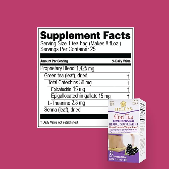 Hyleys Slim Tea Acai Berry Flavor - Weight Loss Herbal Supplement Cleanse and Detox - 25 Tea Bags (6 Pack)