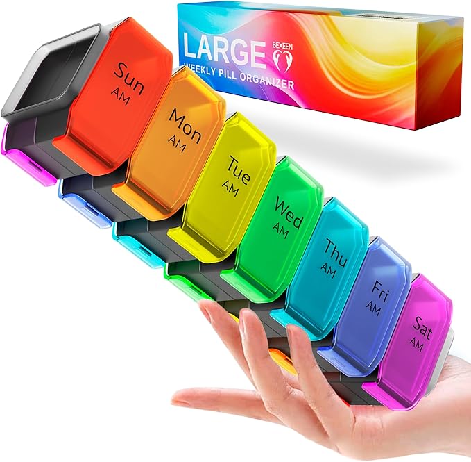 Extra Large Pill Organizer 2 Times a Day – XL Pill Box 7 Day with Big AM/PM Compartments – Fits Large Vitamins, Supplements & Gummies, for 7 or 14-Day Use, Color-Coded, Senior-Friendly, No Spills