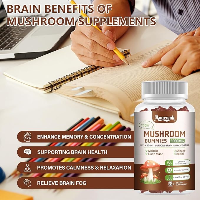 1 Pack 5000MG Mushroom Gummies for Men & Women - 10-in-1 Blend Mushroom Complex Supplement containing Lion's Mane, Brain and Immune Boosting, Blueberry Flavor, Non-GMO, 60 Cts