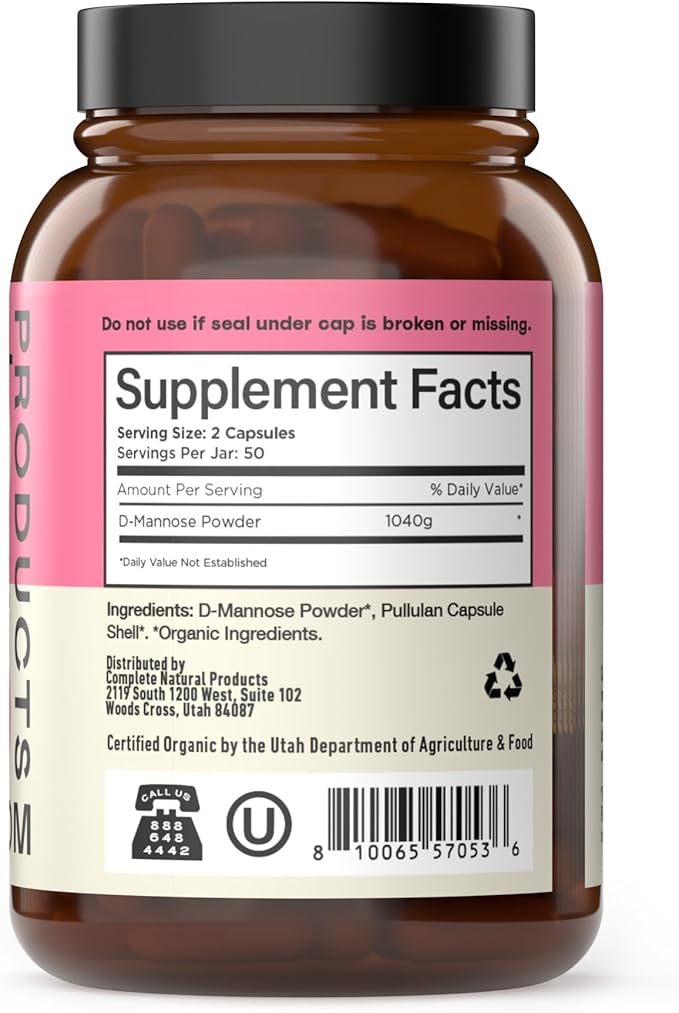 D Mannose 520mg Capsules - Organic D Mannose Supplement for UTI Support, Urinary Tract Bladder Health Pills, Plant Based Formula, Vegan Non GMO, No Fillers, 100 Capsule Count Made USA Certified Kosher