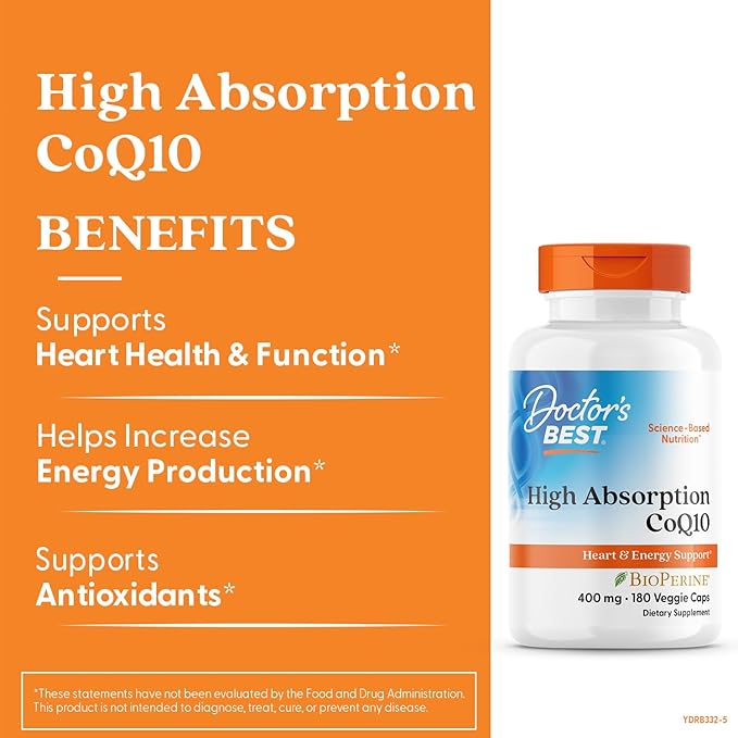 Doctor's Best High Absorption CoQ10 400mg with BioPerine Supplement - Coenzyme Q10 Caps for Heart Health & Antioxidant Support, CoQ10 400 mg for Women & Men, Non GMO - 180 Veg Capsules
