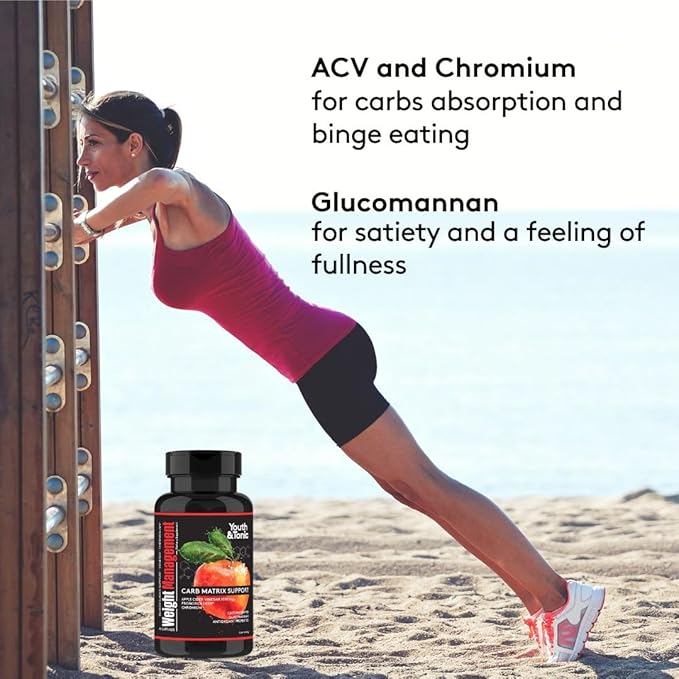 Youth & Tonic Weight Management Carb Matrix Support for Appetite Suppressant, Hunger Control, Metabolism Booster, Natural Detox & Gut Cleanse for Women & Men, 60 Pills w/ACV, Glucomannan, Chromium