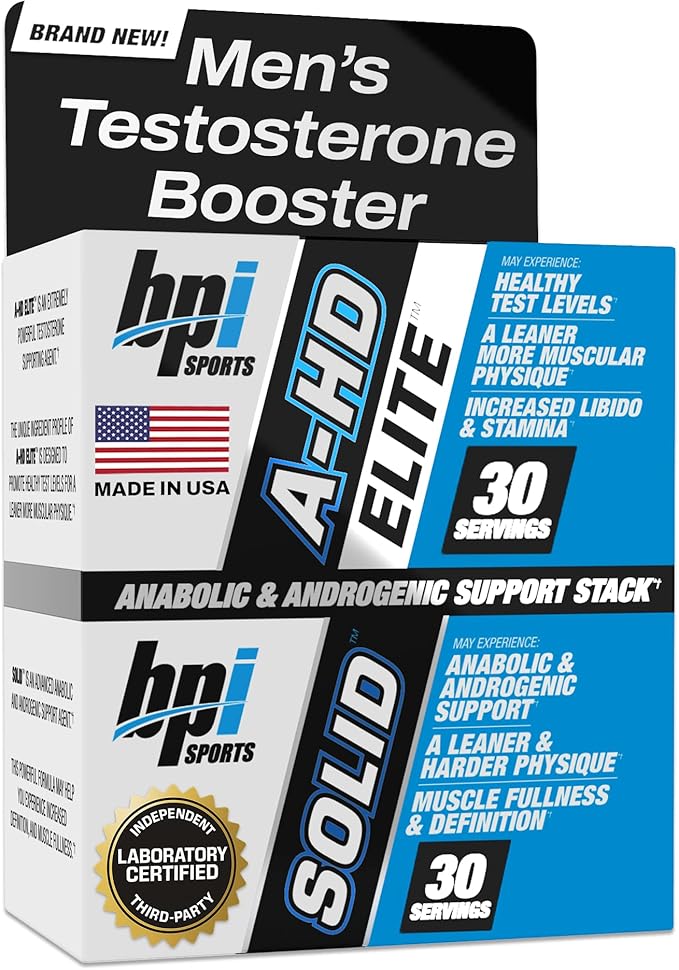 BPI Sports A-HD Elite/Solid Testosterone Booster for Men - Testosterone Supplement for Muscle, Strength, Libido & Performance Support - Promotes Natural Fat Loss – 30 Servings – 550mg