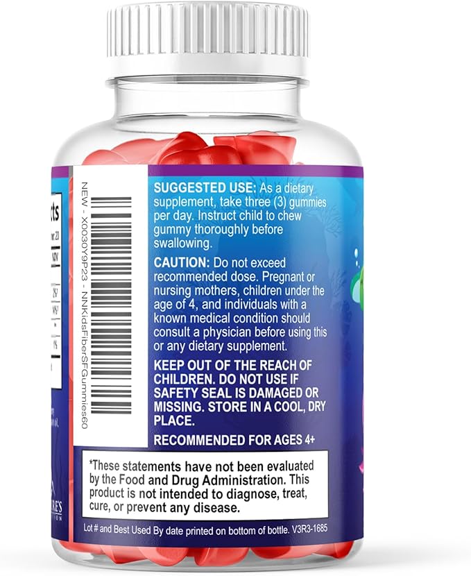 Kids Fiber Gummies – Sugar Free Prebiotic Plant-Based Fiber 4g per Serving Supplement - Improved Soluble Formula Supports Digestive Health & Regularity - Natural Berry Flavor Chewable - 60 Gummies