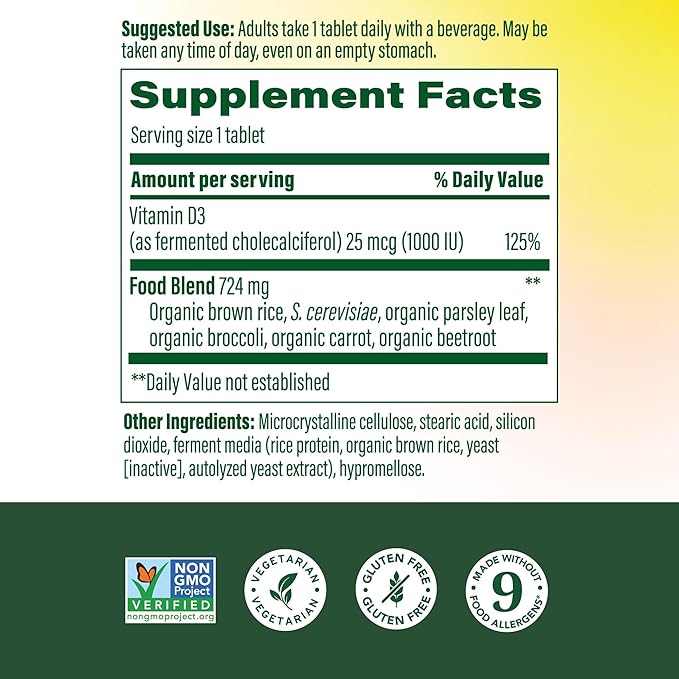 MegaFood Vitamin D3 1000 IU (25 mcg) - Vitamin D Supplements with Real Food, Immune Support, Supports Bones, Teeth & Muscles, Vegetarian, Gluten-Free, Non-GMO, Kosher – 90 Tablets, 90 Servings