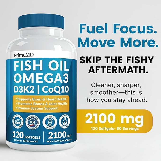 4-in-1 Fish Oil Omega 3 Fatty Supplements (2100mg) - Omega 3 Fish Oil with Vitamins D3 K2 and CoQ10 - Lemon Flavored (120 softgels)