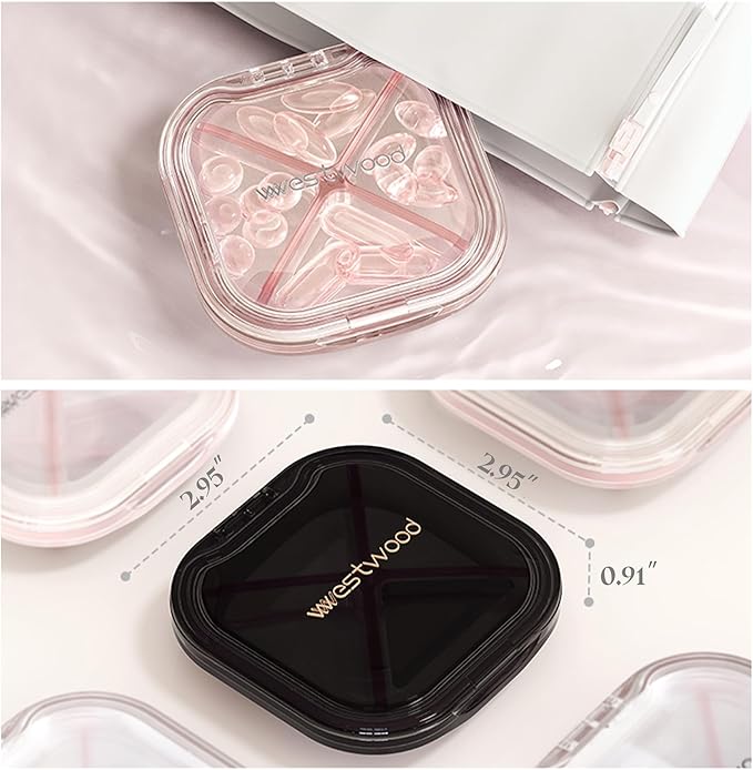 HyJeryty 4-Compartment Pill Organizer, Small Pink Portable Pill Case for Daily Vitamins, Supplements & Medication, Travel-Friendly Compact Design, Stylish Cute Medicine Pill Box Pill Holder
