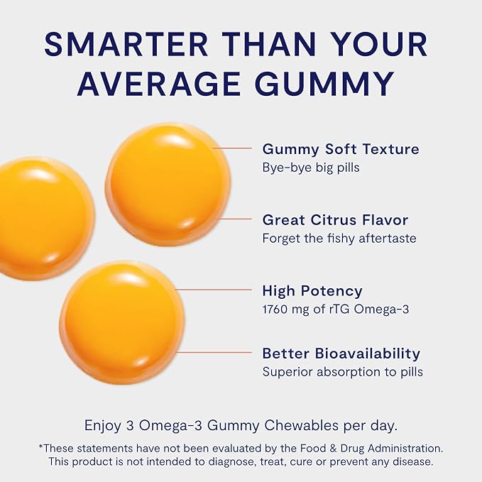 Omega 3 Gummy Chewables - 90 Gel Chews, 30-Day Supply, Citrus Flavor - 1760mg Ultra-Pure rTG Omega 3 for Eye, Heart, Brain, Joint & Immune Health