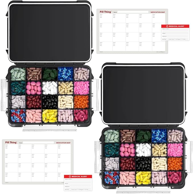 20 Compartment UV Protected Large Black Pill Case with Airtight Seal, Spill Proof, Silicone Gasket Waterproof Med Box with Medication Map (Black, 2 Pack)