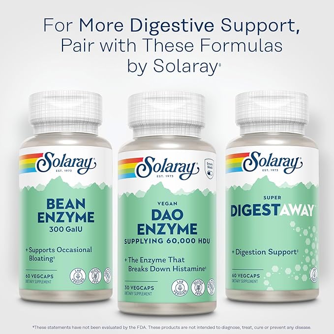 SOLARAY DAO Enzyme - Digestive Enzyme That Breaks Down Histamine - 60,000 HDU - Digestive Enzymes - Vegan, Gluten Free, Lab Verified - 30 Servings, 30 VegCaps
