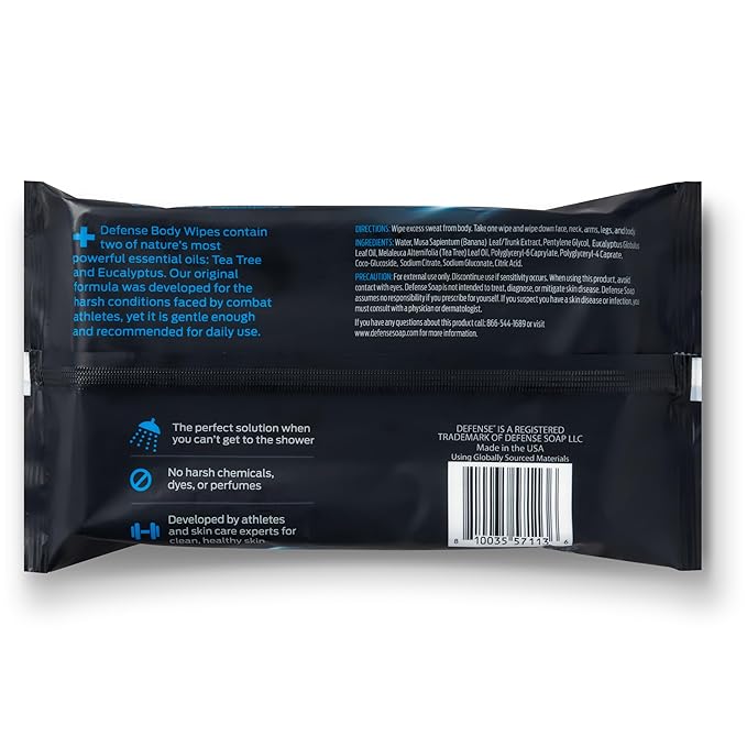 Defense Soap All Natural Body Wipes with Tea Tree Oil | Wrestling, Combat, Camping, Gym, Post Workout Shower Wipes for Men and Women. 40 Count (Pack of 3)