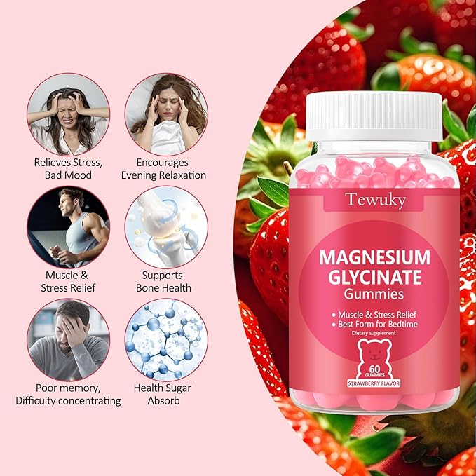 Magnesium Glycinate Gummies 2 Bottles, Sugar-Free for Adults & Kids, Magnesium Gummy for Relaxation, Stress & Muscle Relief, Supports Bone & Nerve Health, Vegan, Pectin-Based, Strawberry Flavor