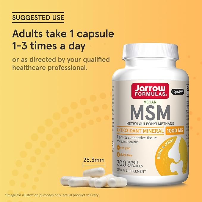 Jarrow Formulas MSM 1000 mg - 200 Veggie Capsules - Methylsulfonylmethane - Source of Sulfur - Dietary Supplement Supports & Strengthens Joints - Up to 200 Servings
