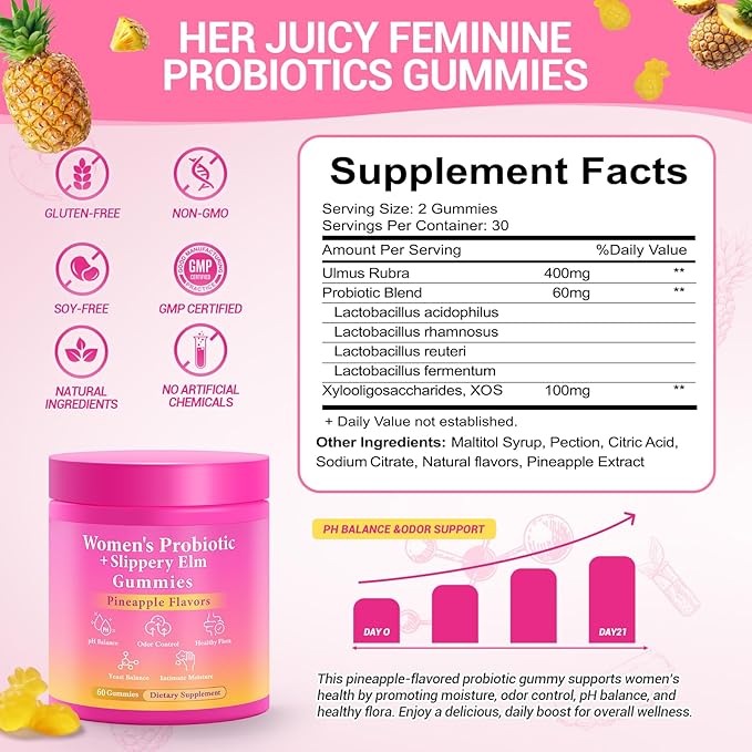 Her Juicy Feminine Probiotics Gummies, Premium Feminine Balance Probiotics with Slippery Elm for Women's pH Balance and Freshness – Support Daily Wellness & Comfort 60 Pineapple Gummies