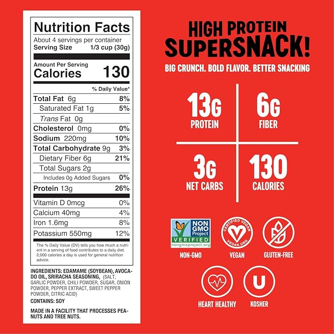 The Only Bean Crunchy Roasted Edamame Snack (Sriracha), High Protein Snacks (13g) Healthy Protein Chips, Keto Friendly Food (2g Net), Plant-Based Vegan Snacks, Office Snacks, Spicy Snack, 4oz (3 Pack)