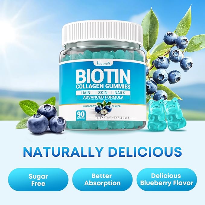 Biotin Gummies 10,000mcg with Collagen - 23-in-1 Hair Growth Gummies for Women & Men - Hair Skin and Nails Gummies with Keratin & Saw Palmetto - Sugar Free Non-GMO, Blueberry, 90 Count