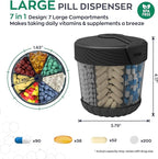 HIONXMGA Pill Dispenser with 7 Large Compartments,Portable Pill Bottle Organizer for Travel,Anti-Mixing Supplement Organizer Easy Twist Wide-Opening Pill Container with 20Pcs Labels,Translucent Black