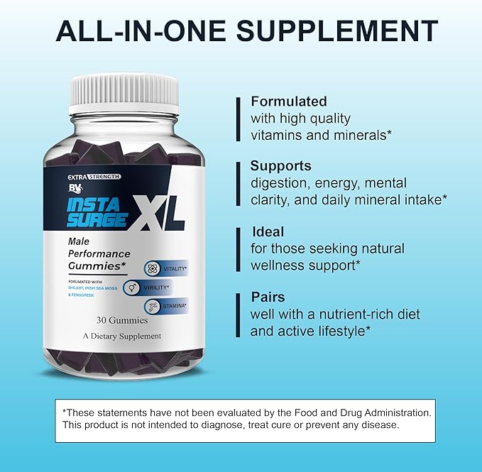 BLUE VIBE Insta Surge XL Performance Gummies, InstaSurgeXL Advanced Overall Health and Daily Natural Performance Formula Supplement, InstaSurge XL Maximum Support (1 Pack - 30 Gummies)