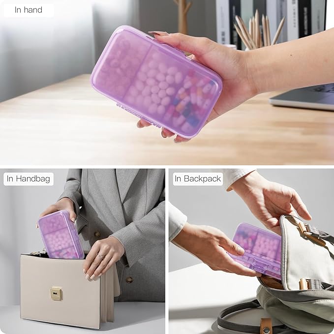 FYY Weekly Pill Organizer with Labels,8 Compartments Travel Daily Pill Case Airtight Moistureproof Large Pill Box to Hold Vitamins, Fish Oil, Supplements,Cotton Swab and Bandages-Purple