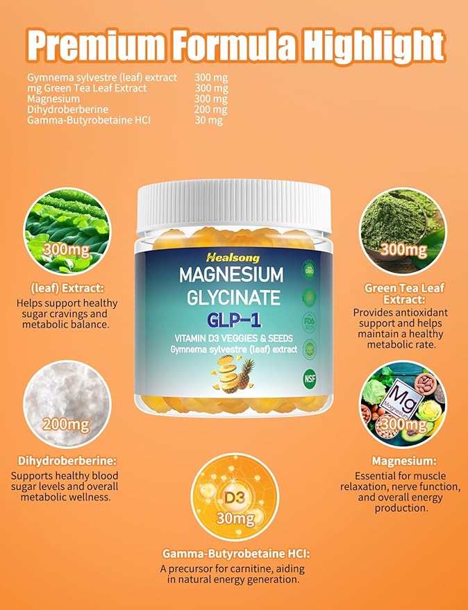 GLP-1 Magnesium Glycinate Gummies Supplements with Magnesium Malate & Taurate | Vitamin D3 Spinach | Kale | Broccoli | 90 Count with Gymnema Sylvestre, Green Tea Phytosome (Pineapple)
