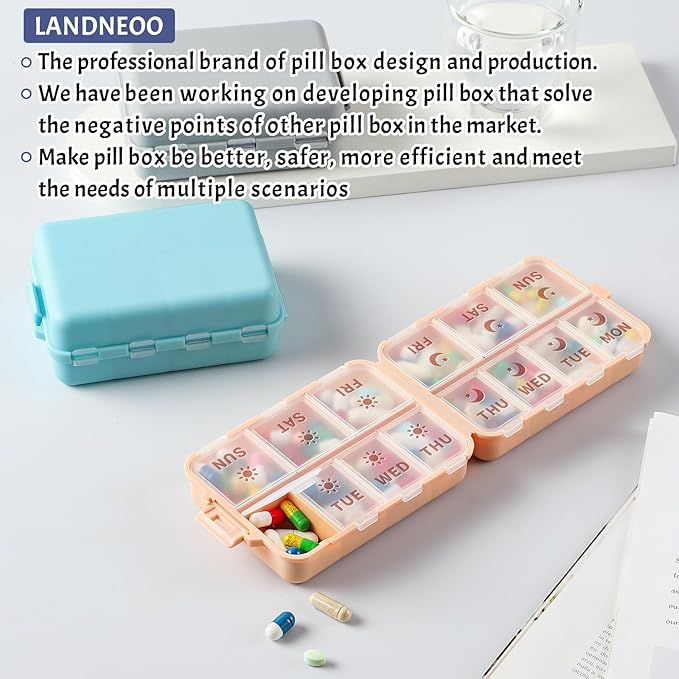 NEW Foldable & Double Protection Portable Weekly Pill Organizer 2 Times A Day with Etched Labels, AM PM 7 Day Week Medicine Box, Daily Travel Pill Case Dispenser for Vitamin, Supplement - Sky Blue