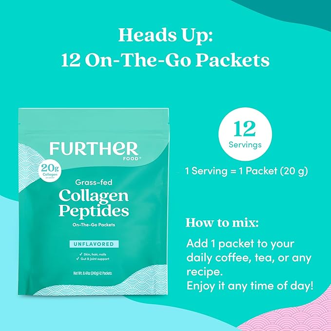 Further Food Unflavored Collagen Peptides Powder - 100% Grass-Fed, Hydrolyzed Type 1 & 3, 20g of Collagen per Serving, Supports Skin, Hair, Nails & Joints, Stick Packs 8.47 Oz