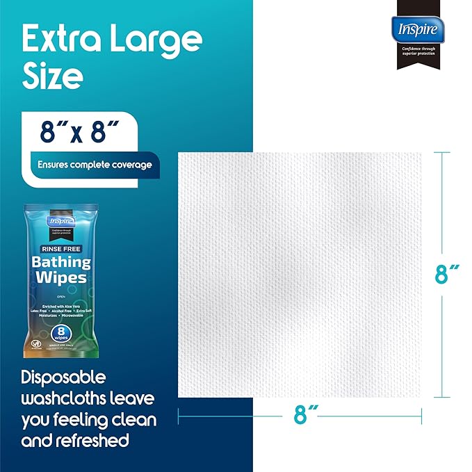 Body Wipes for adults bathing rinse free | Adult Wash Cloths Extra Large, Bathing Wipes for Incontinence With Aloe Vera, 8"x 8" In (96 count) | By Inspire