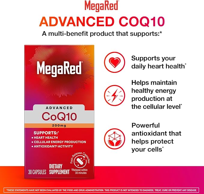 MegaRed Advanced CoQ10 Supplements- 200mg Per Serving, Powerful Antioxidant that Supports Cellular Energy Production and Protects Against Free Radicals*- 30 Coenzyme Q10 Capsules, 30 Servings