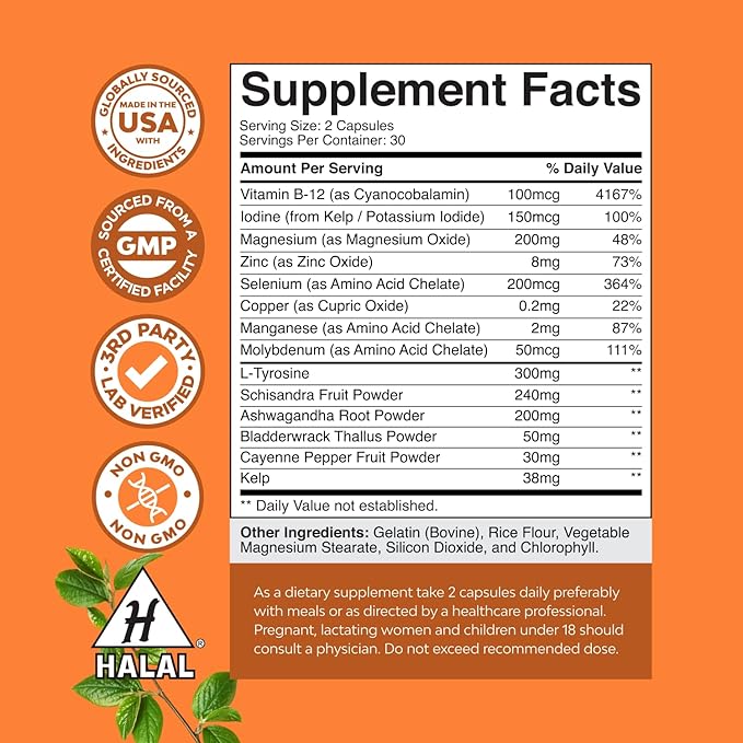 Herbal Thyroid Support Complex - Potent Kelp Iodine Supplement with L Tyrosine, Bladderwrack, Selenium & Pure Ashwagandha for Hormone Balance - Mood & Energy Dietary Pills - 60 Count