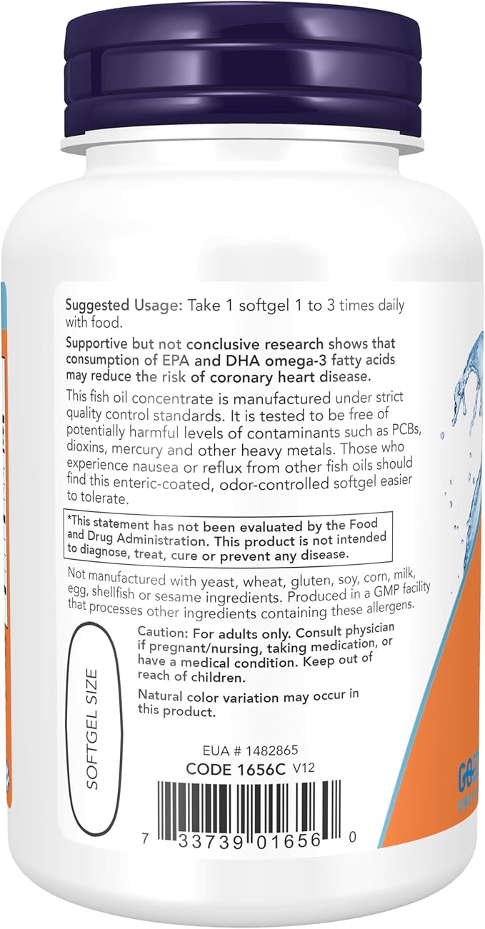 NOW Foods Supplements, Omega-3 180 EPA / 120 DHA, Enteric Coated, Cardiovascular Support*, 90 Softgels