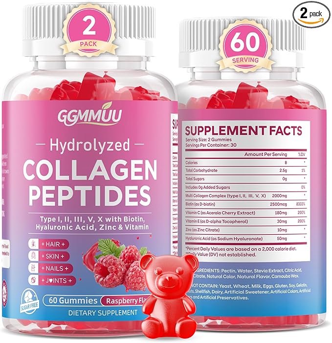 2 Pack Collagen Peptide Gummies for Women & Men, Collagen Protein Type I,II,III,V,X with Biotin Vitamin C, D, Hydrolyzed Collagen Supplement for Skin, Hair, Nails, Raspberry Flavor, 120 Count