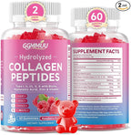 2 Pack Collagen Peptide Gummies for Women & Men, Collagen Protein Type I,II,III,V,X with Biotin Vitamin C, D, Hydrolyzed Collagen Supplement for Skin, Hair, Nails, Raspberry Flavor, 120 Count