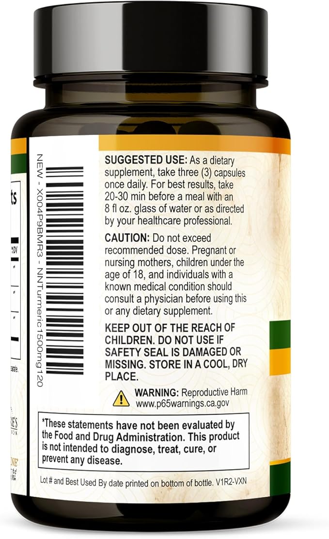 Turmeric Curcumin Supplement 1500mg - Organic Tumeric & BioPerine Black Pepper for Best Absorption with 95% Curcuminoids, Nature's Joint & Immune Support, Non-GMO, Bottled in USA - 120 Capsules