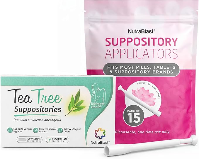 NutraBlast Tea Tree Oil Suppositories Bundle with Applicators (12 Suppositories & 15 Applicators) Supports Odor Control